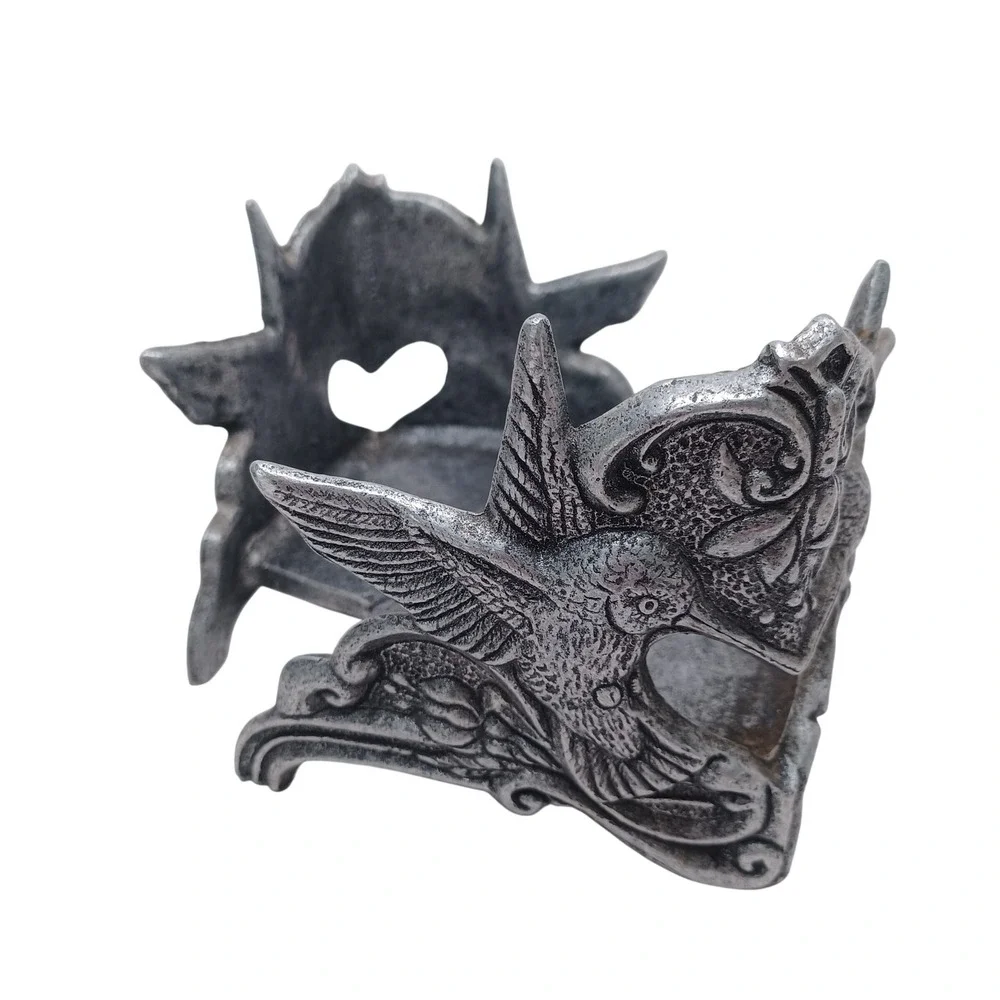 Vintage Style Silver Cast Metal Hummingbird Heart Large Candle Holder Ornate