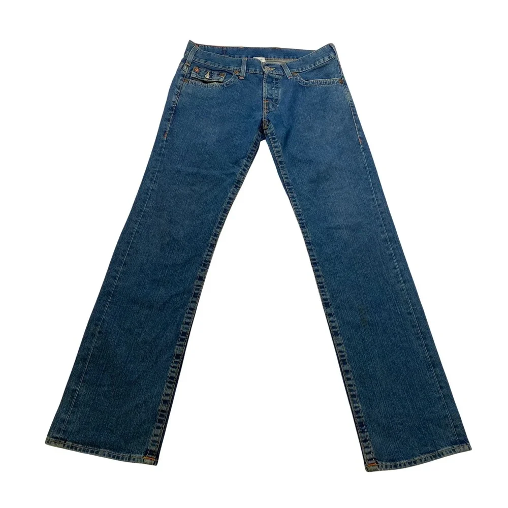 True Religion Nathan Straight Leg Jeans Mens 34x34 Blue Denim Made in USA Button
