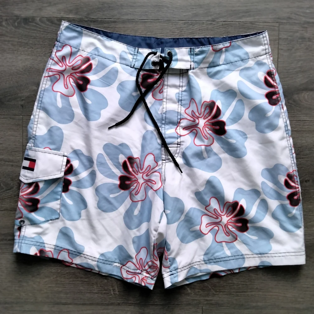 Tommy Hilfiger Mens Swim Trunks Large Multicolor Floral Hawaiian Mesh Lined 2005