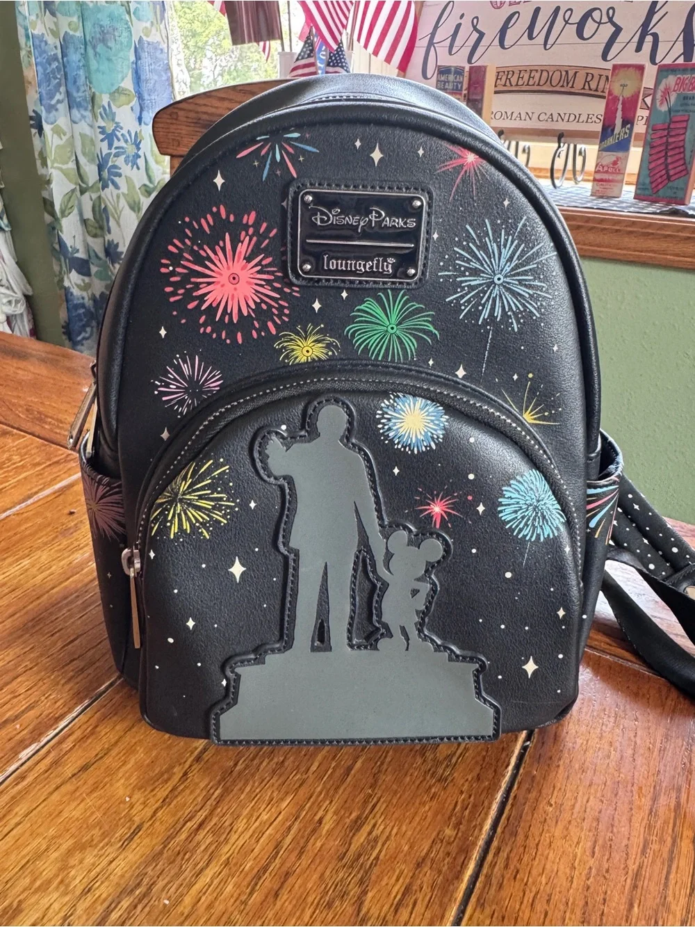 Loungefly Black Fireworks Mini Backpack w/Matching Wallet 100th year celebration