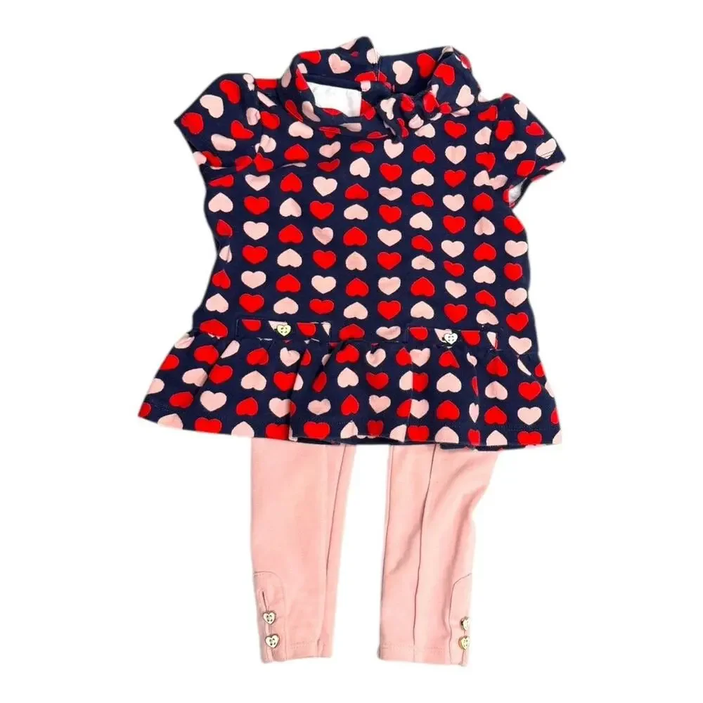 Janie‎ & Jack SS Red Pink Heart Top w Coordinating Leggings Set Girls Sz 3 EUC