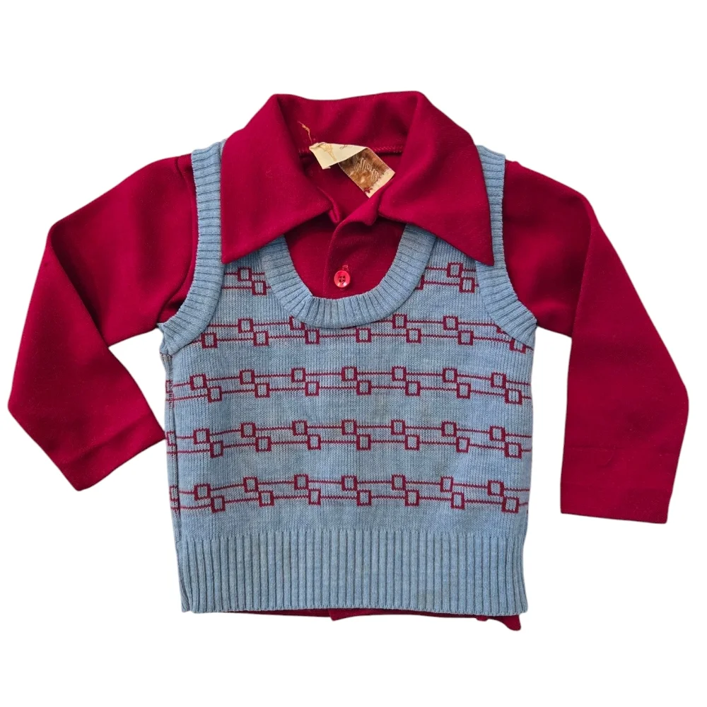 Vintage Maroon Red Collared Shirt and Pastel Blue Patterned Sweater Vest