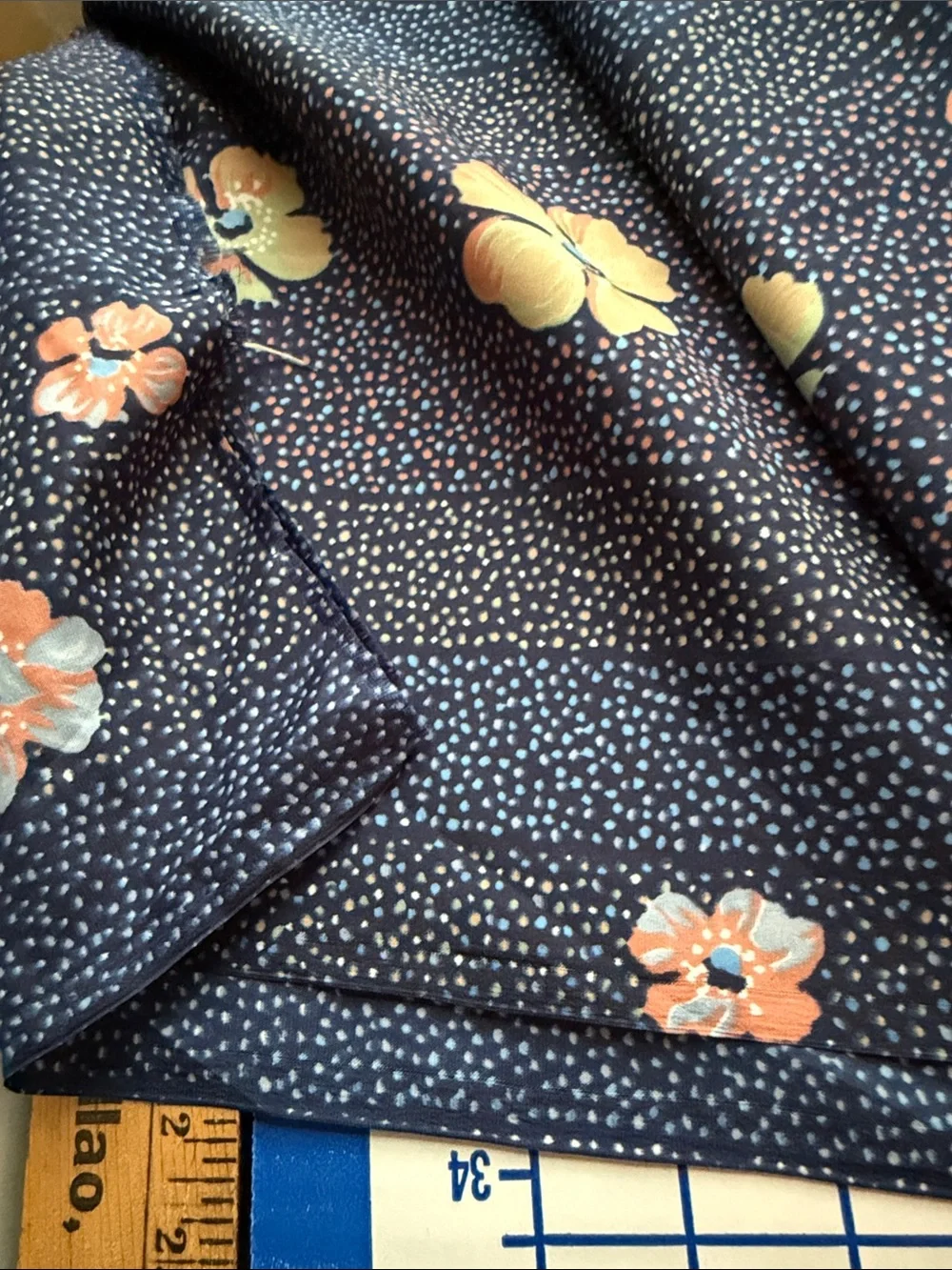 Vintage 1980s Floral Dot Stripe Fabric Navy Peach Blue 5 Yards x 44” Apparel