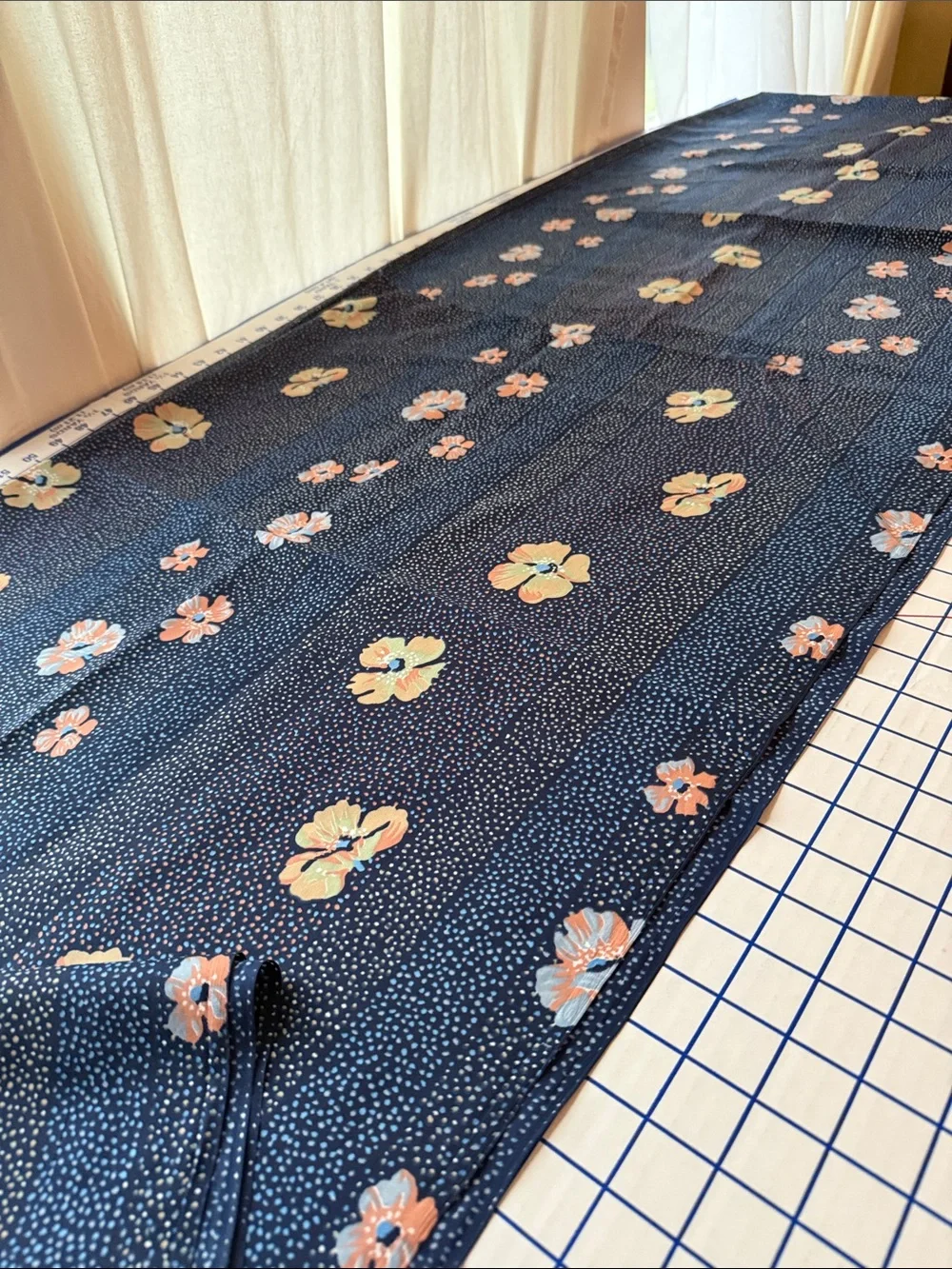 Vintage 1980s Floral Dot Stripe Fabric Navy Peach Blue 5 Yards x 44” Apparel