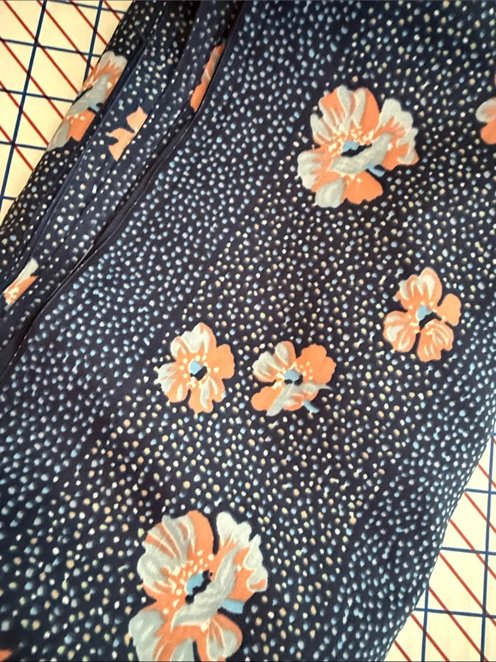 Vintage 1980s Floral Dot Stripe Fabric Navy Peach Blue 5 Yards x 44” Apparel