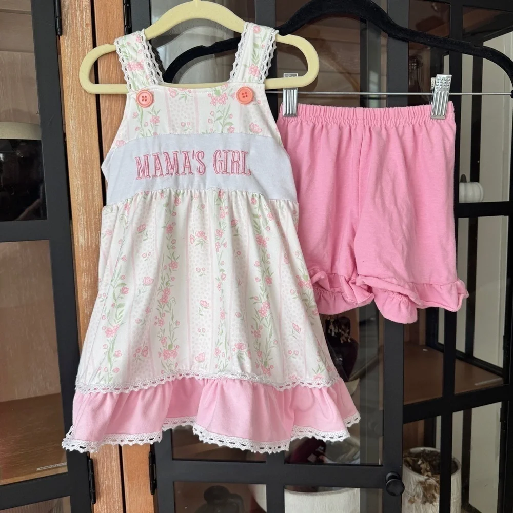 Mama’s Girl dress set embroidered watercolor lace trim toddler shorts floral