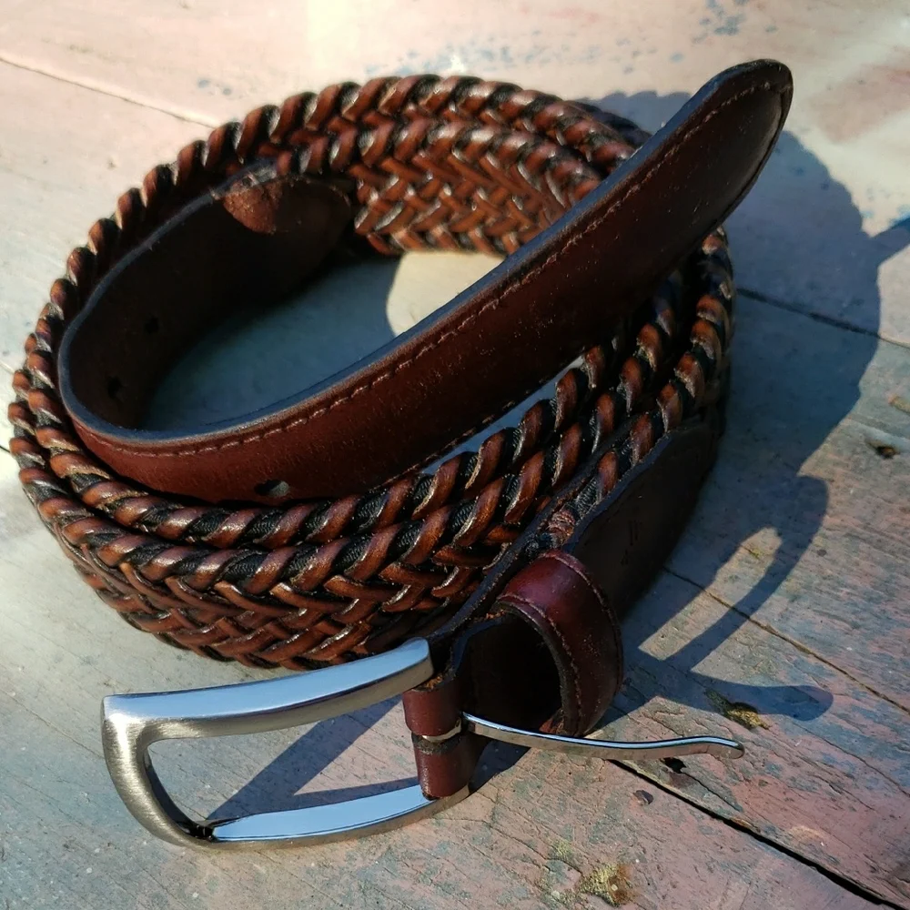 Men's Brown Leather Braided Belt Sz 38 CJE