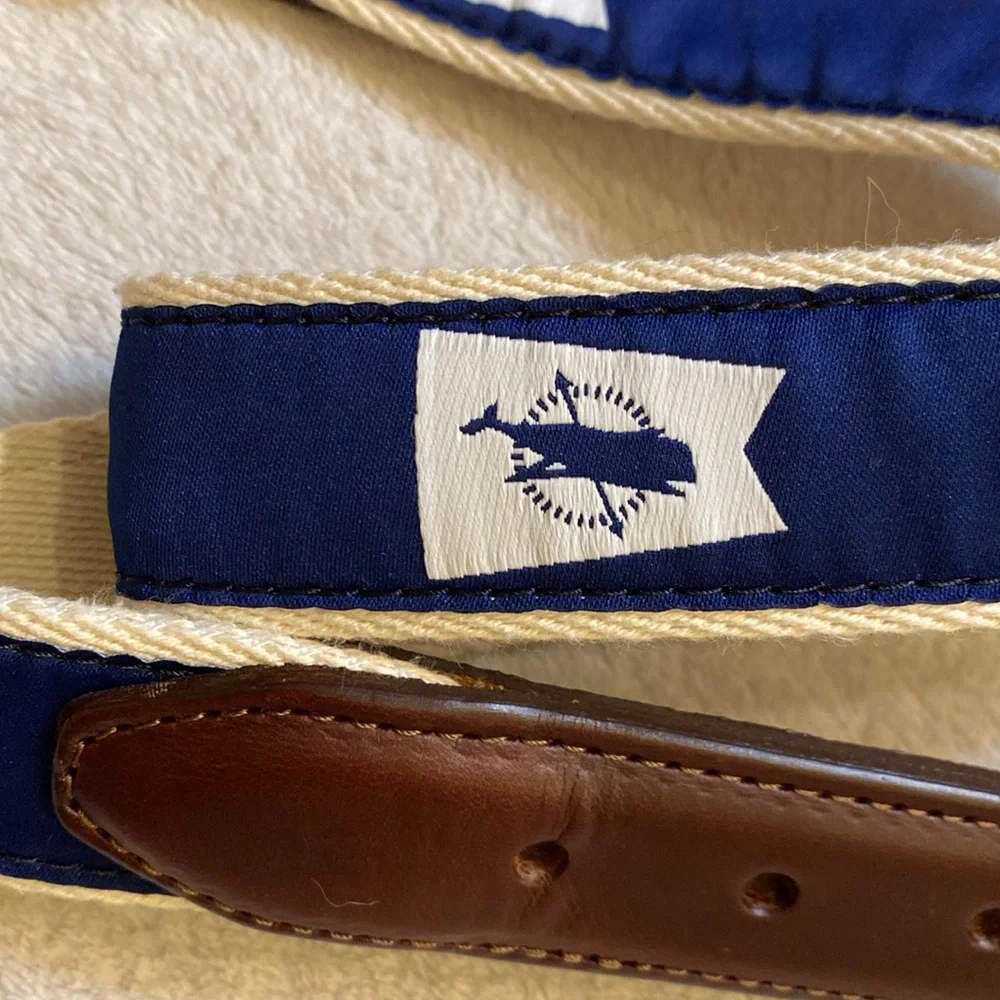 NWT YRI canvas navy white ribbon leather belt with ACK burgee brass buckle Sz 32