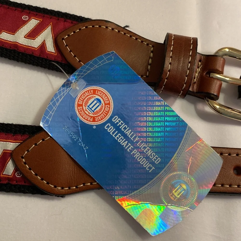 NWT Virginia Tech Hokies ribbon canvas belt with leather accents Sz 38