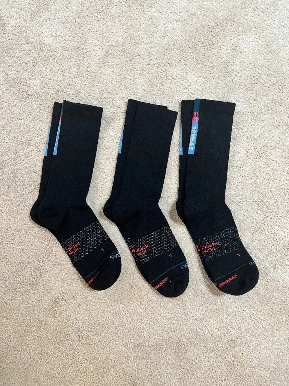 New 3-Pack BOMBAS merino wool Hex Tec Run Midweight Crew Socks Med Unisex Black