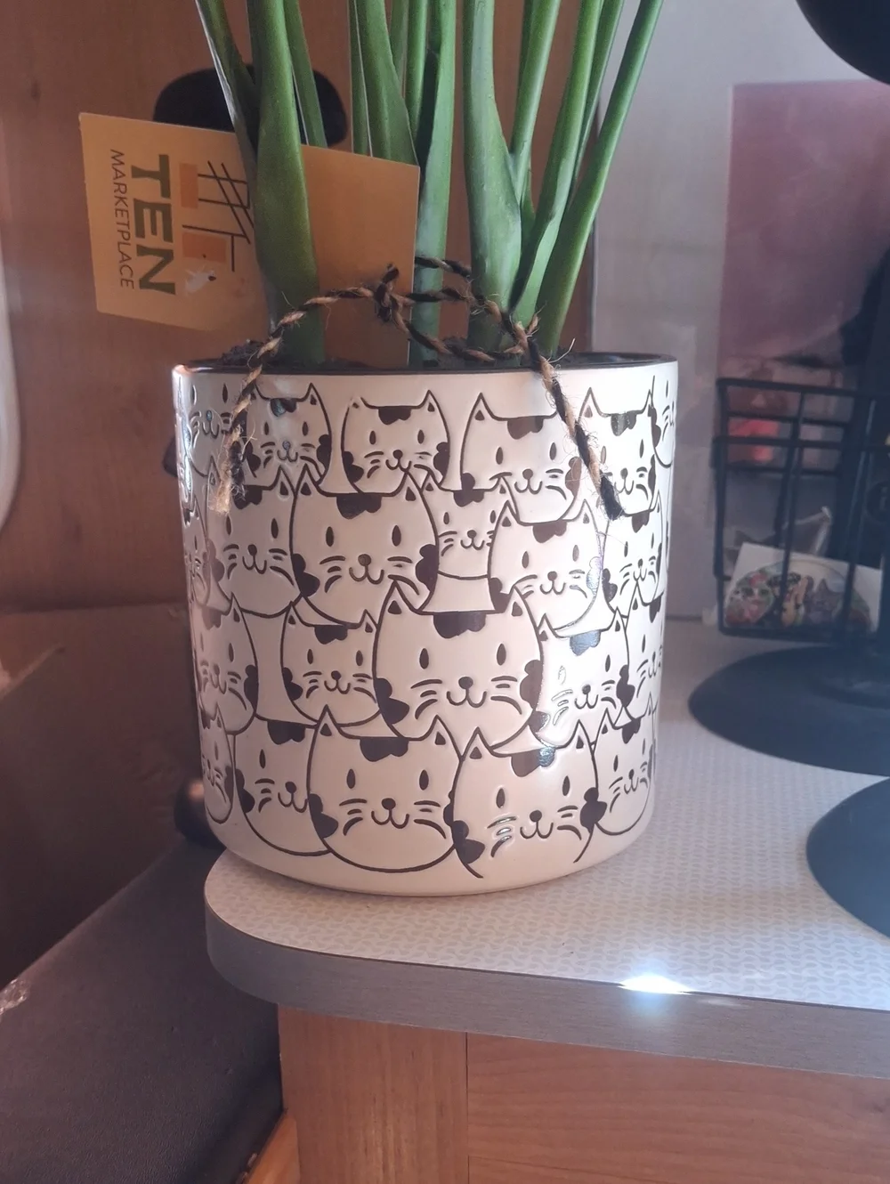 White Cat Pattern Ceramic Planter