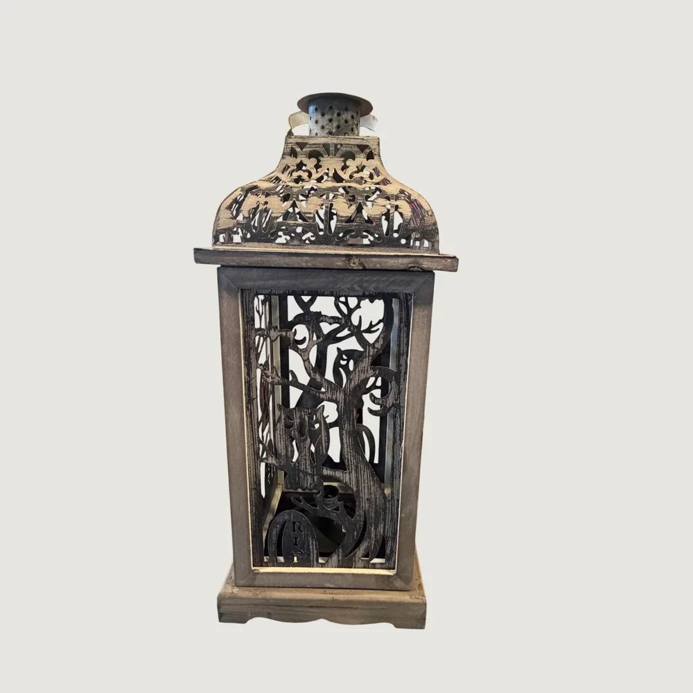 Pink Zebra Halloween Owl RIP Lantern Accent Lamp Distressed Grey Wood Metal