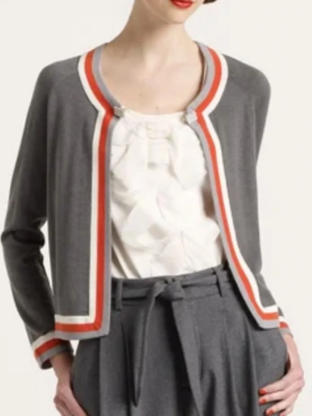 kate spade gray cardigan with cream and red trim wool/silk preppy size M