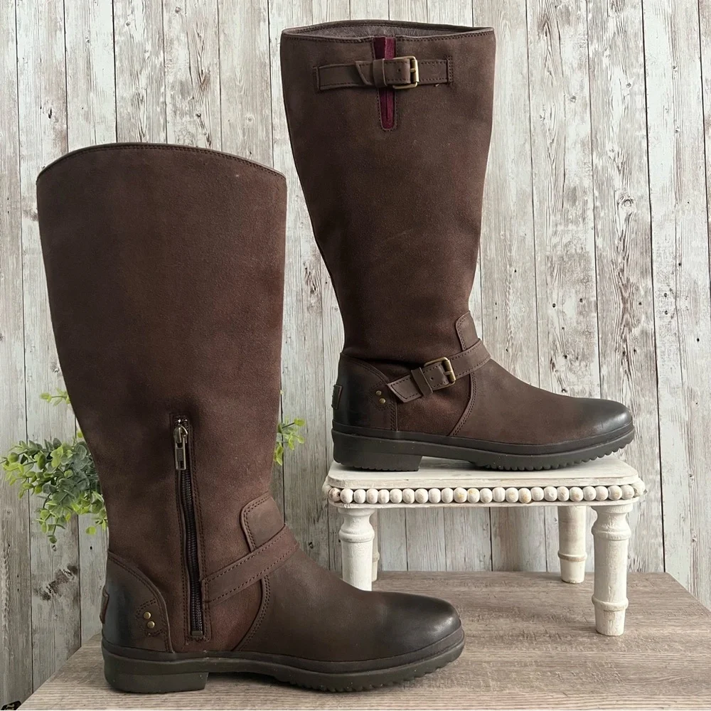 UGG Thomsen Dark Brown Tall Boots with Buckle Leather Waterproof Womens 9.5