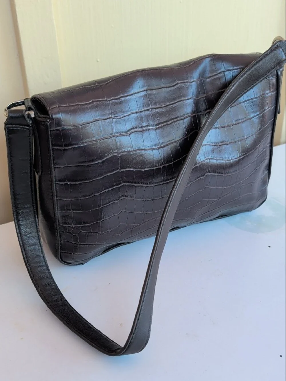 Croc-Embossed Leather Shoulder Bag in Dark Brown