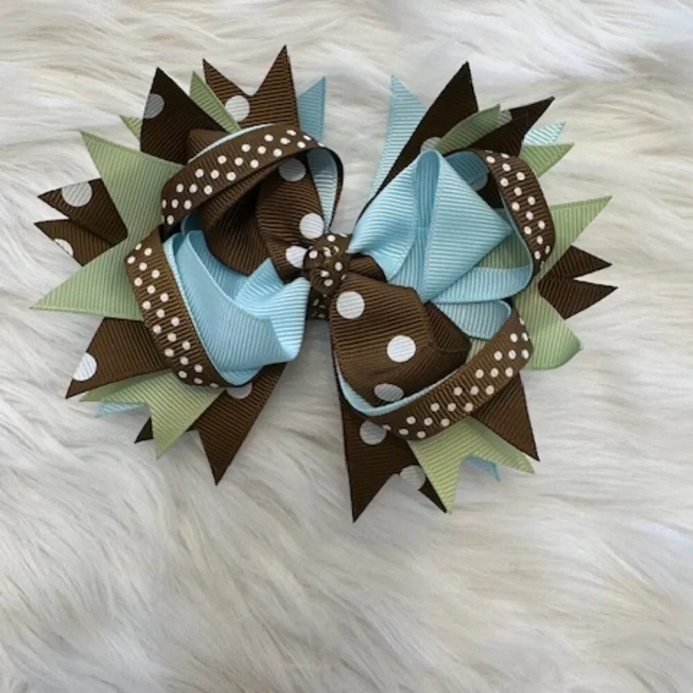 Mint, Blue & Brown Polka Dot Deluxe Bow  5B2545  Handmade NWT Boutique