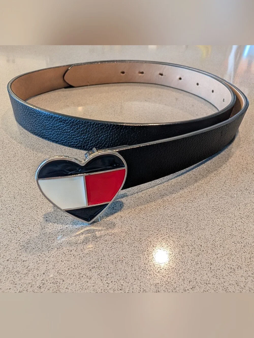 Tommy Hilfiger Black Leather Belt with Heart Flag Buckle in Red, White & Black
