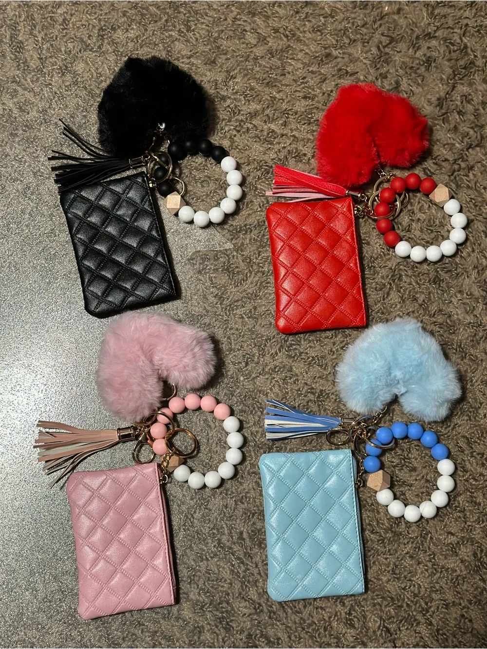 Assorted colored Quilted Wristlet Keychain with Pom Pom and Tassel B 25