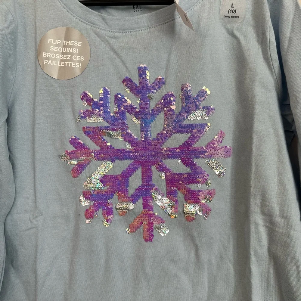 Gap Kids Blue Long Sleeve Flip Sequin Snowflake Crewneck Cotton Shirt Sz L 10