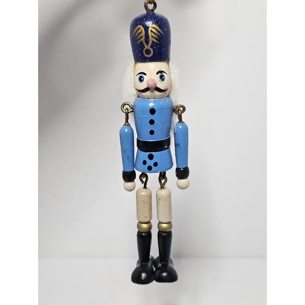 Vintage Wooden Toy Soldier Nutcracker Christmas Ornament Dangle Legs Light Blue