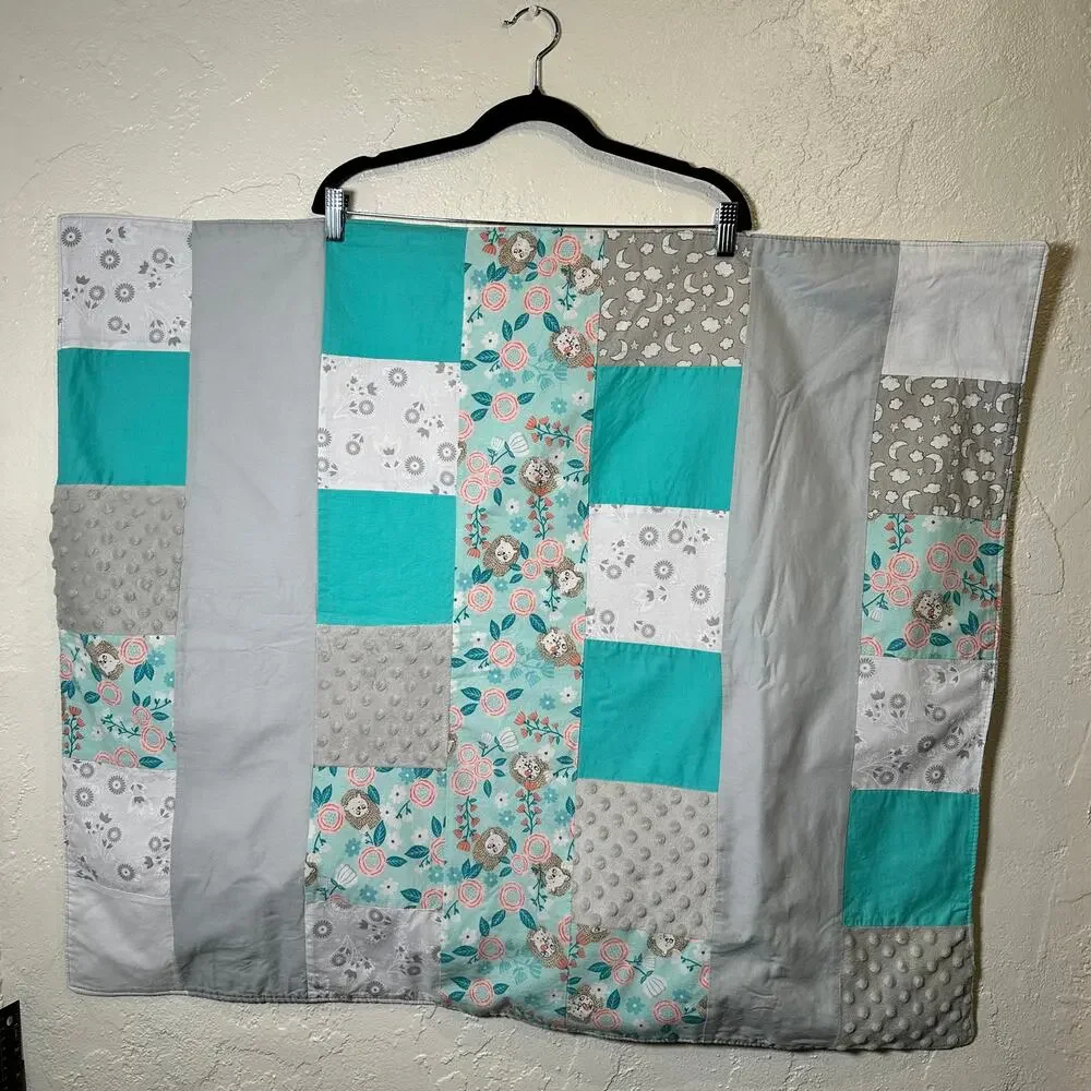 Handmade Baby Quilt 30 x 36 Hedgehog Floral Turquoise Pink Gray Original Gift
