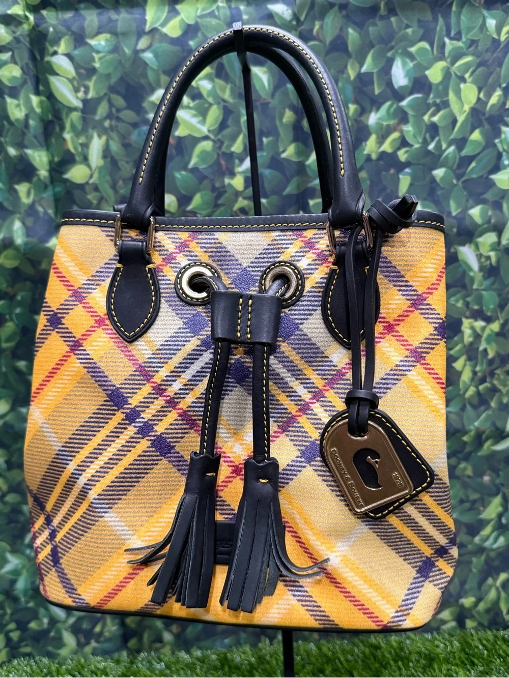 Dooney & Bourke Tartan Plaid Drawstring Satchel Yellow Purple Coated Canvas