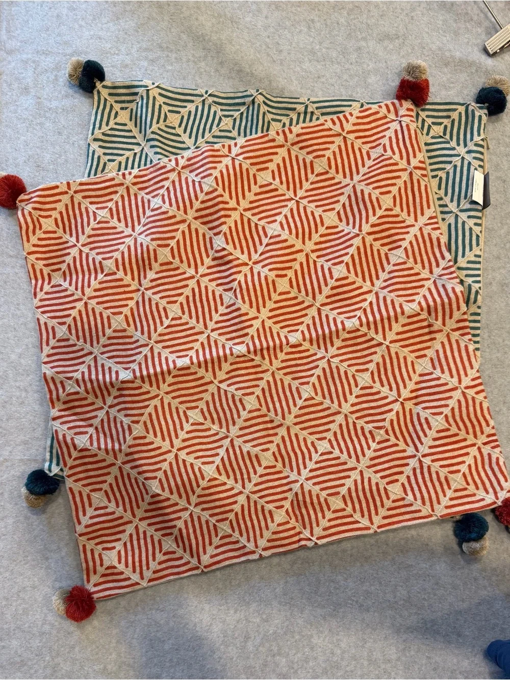 Oka Cushion Covers Brick Red And Pine Green Print On Linen Zipper 19.5 In Square