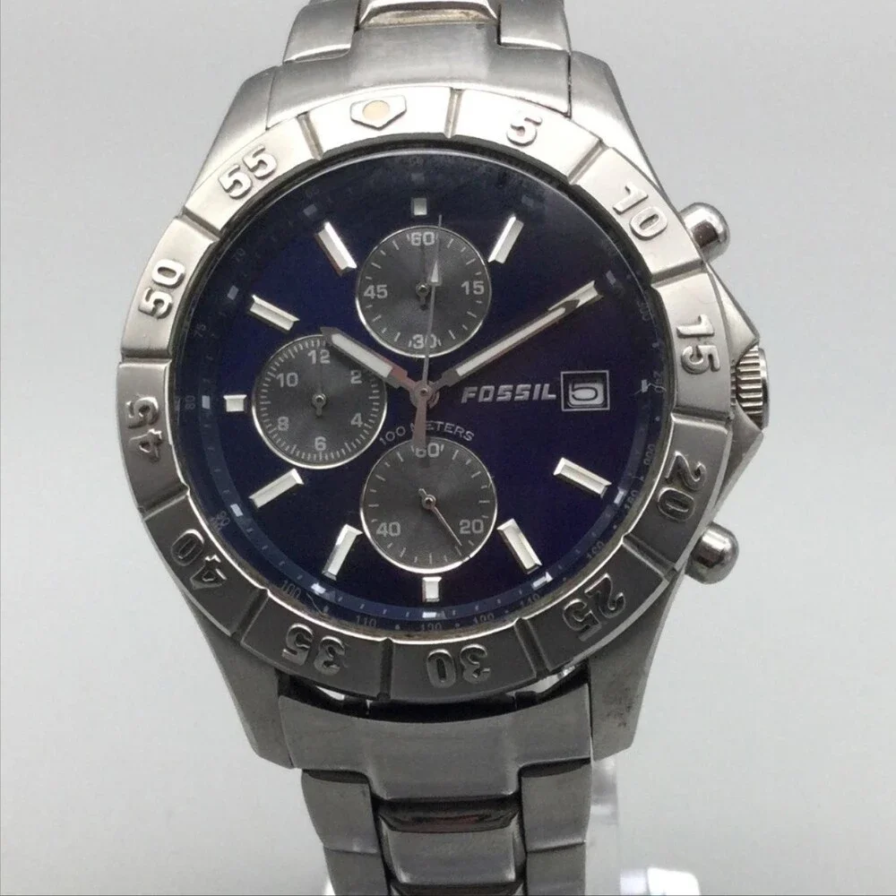 Fossil Blue CH-2382 Men Watch 40mm Blue Dial Stainless Chronograph New Battery 7