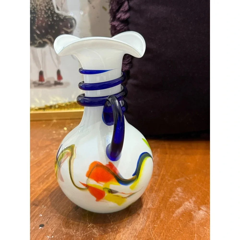 Art Glass Pitcher Vase White Multicolored Swirl Cobalt Blue Handle Ruffled Rim