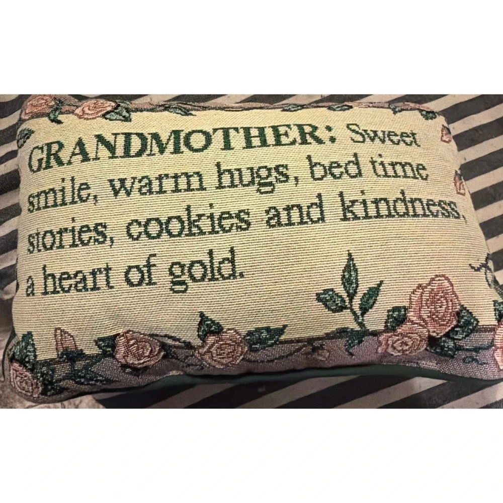 Vintage Grandmother Tapestry Accent Pillow Floral Rose Woven Gift Green Cream