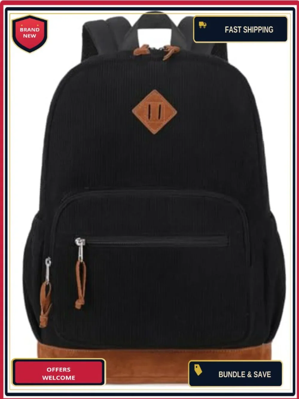 Corduroy Teen Student Backpack 24L Fits 15.6in Laptop, DIY Blank