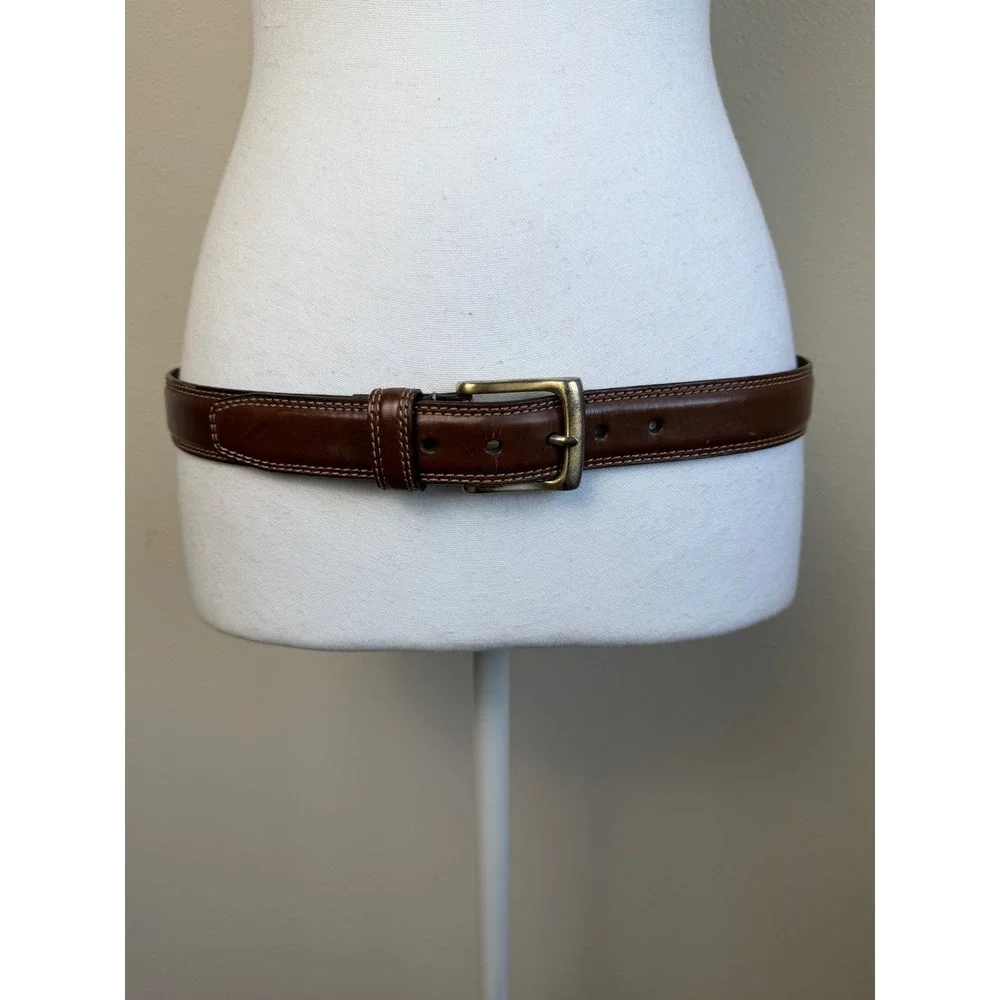 Dockers Mens Genuine Leather Belt Brown Contrast Stitch Brass 34-36 Old Money