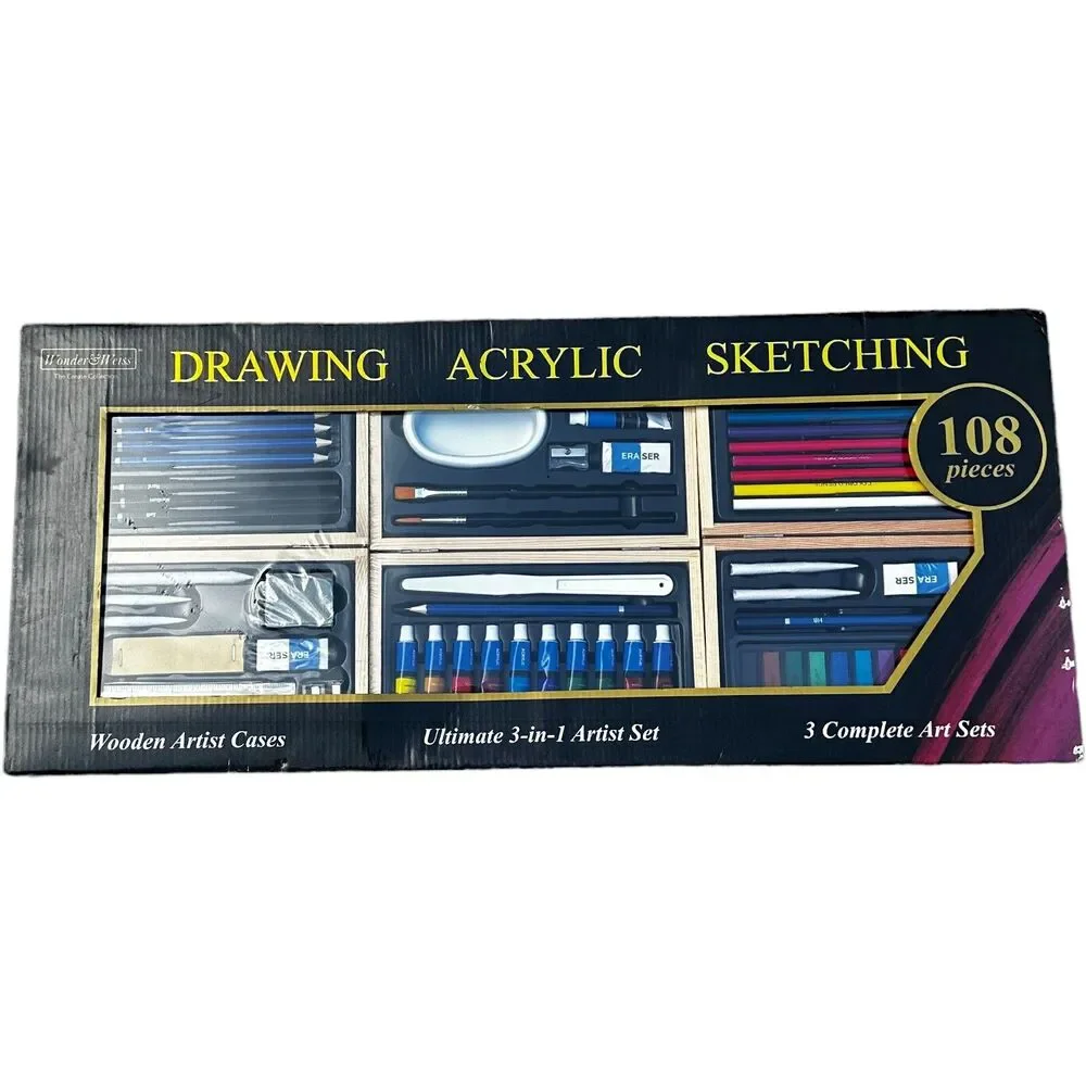 Wonder & Weiss Complete Drawing Sketch Acrylic Art Set 108 Pieces Wooden Case
