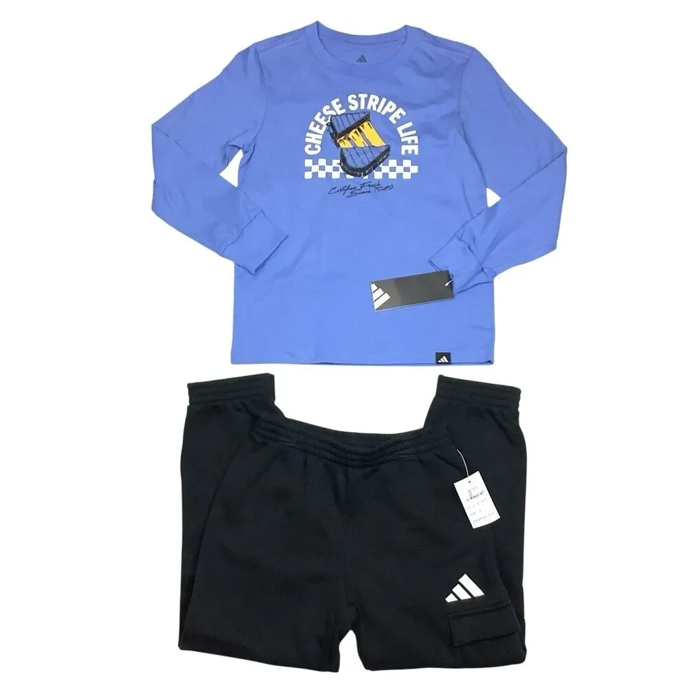Adidas 2 Piece Set Boys Size 6 Blue Long Sleeve Cotton Tee Black Cargo Jogger