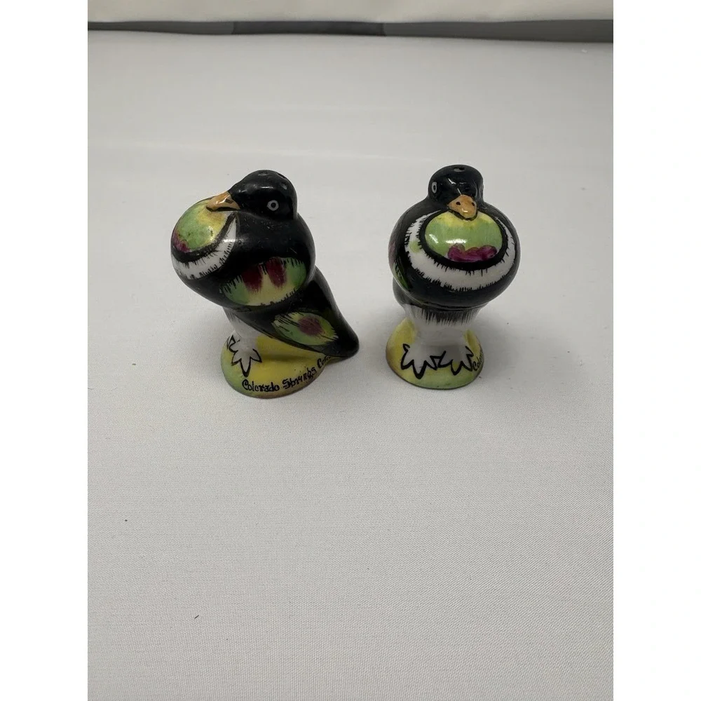 Hand Painted Puffy Bird Salt Pepper Shakers Purple Yellow Green 2 1/4 Japan Colo