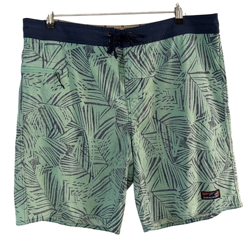 Patagonia Mens Board Shorts Size 40 Palm Leaf Print Seafoam Green Navy Blue Swim