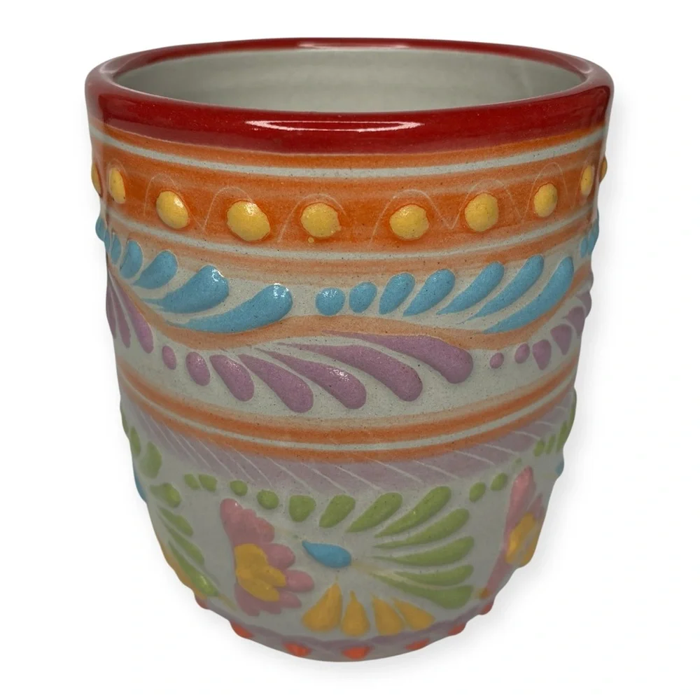 Colorful Televera Salazar Pue Mexico Ceramic Art Tumbler Cup 4.25” x 3.5”