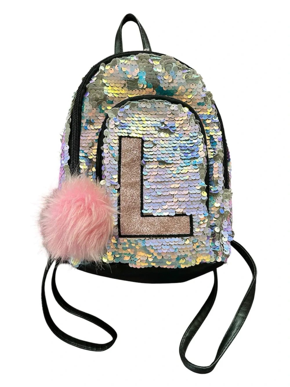 Justice | Girls Iridescent Sequin Mini Backpack with Pink Pom Pom and Letter L