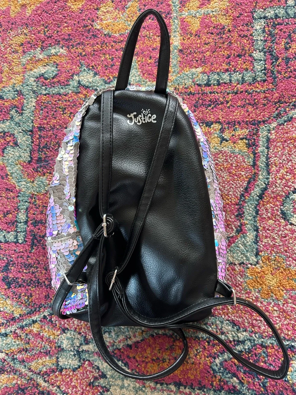 Justice | Girls Iridescent Sequin Mini Backpack with Pink Pom Pom and Letter L