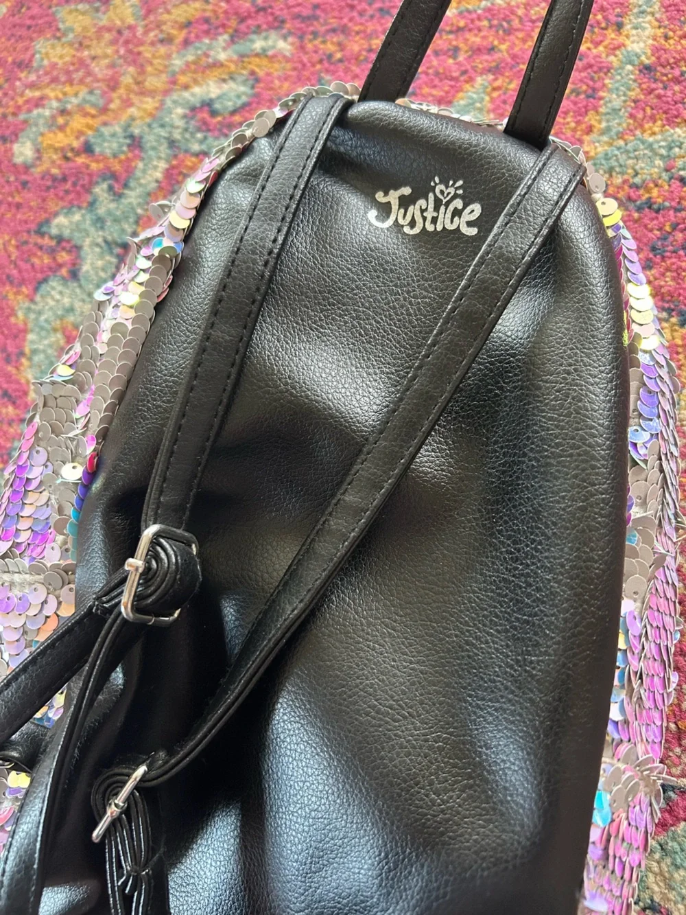 Justice | Girls Iridescent Sequin Mini Backpack with Pink Pom Pom and Letter L