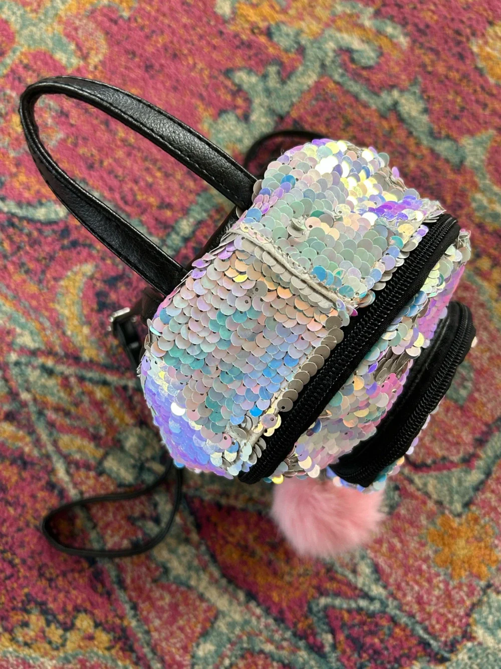 Justice | Girls Iridescent Sequin Mini Backpack with Pink Pom Pom and Letter L