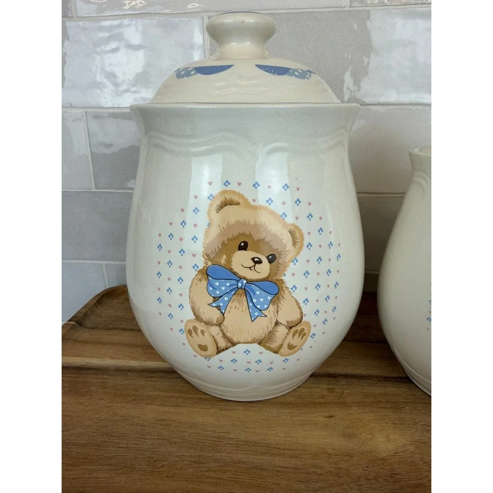 Cream Ceramic Bear Canister Set with Blue Accents - 2 Piece