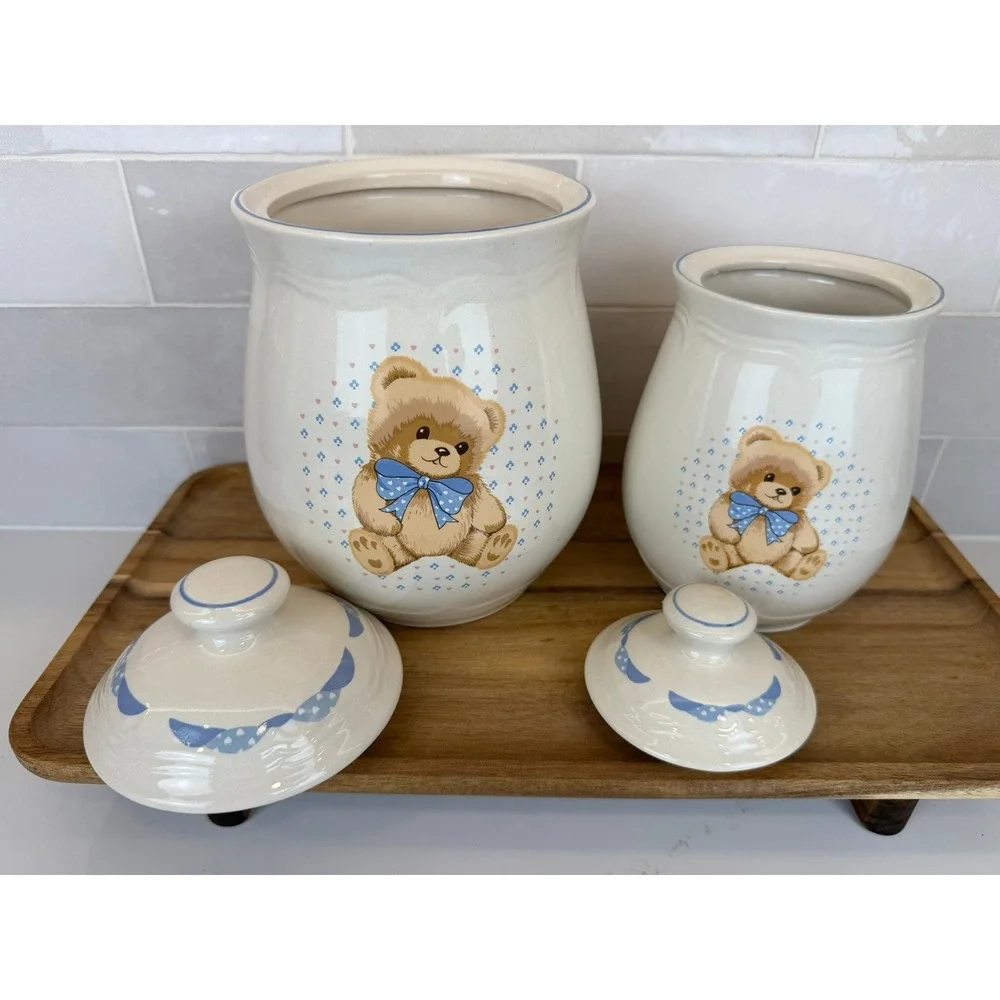 Cream Ceramic Bear Canister Set with Blue Accents - 2 Piece
