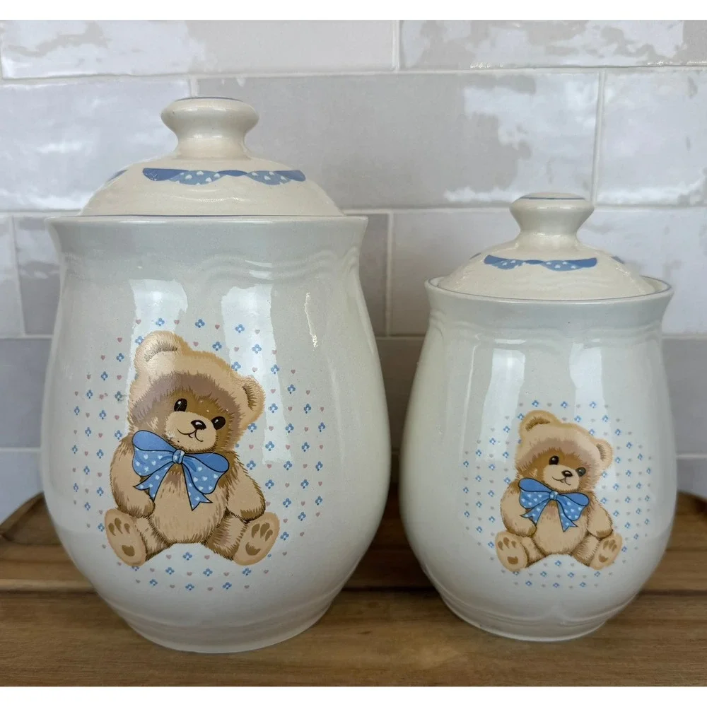 Cream Ceramic Bear Canister Set with Blue Accents - 2 Piece