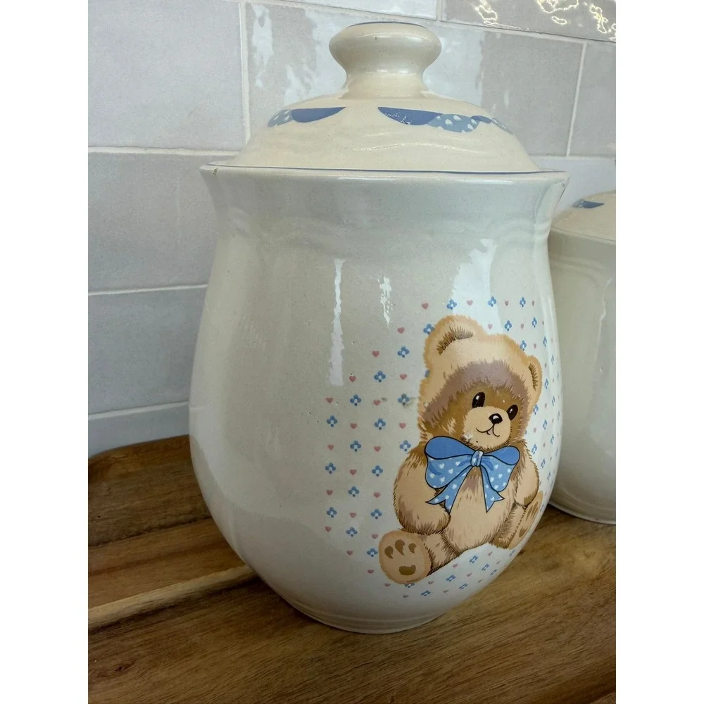 Cream Ceramic Bear Canister Set with Blue Accents - 2 Piece