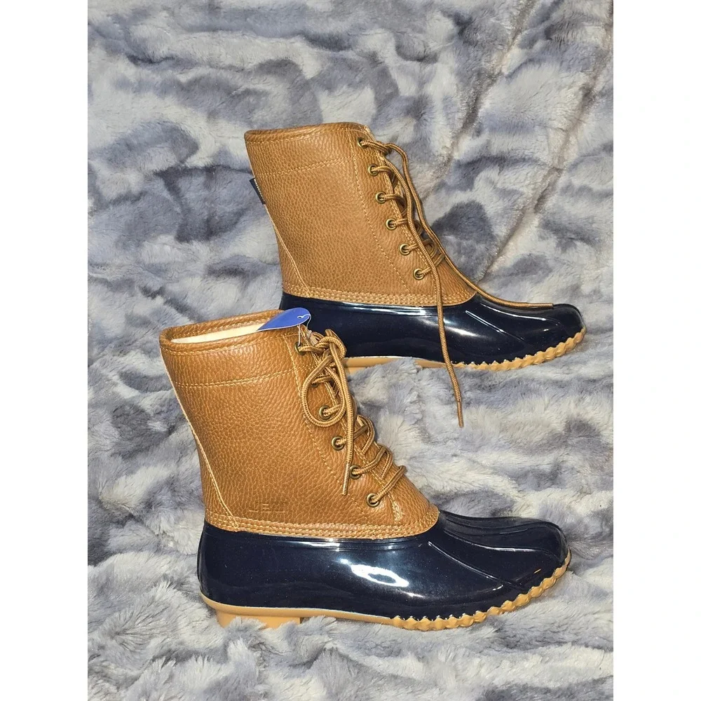 NWT JBU by Jambu Maplewood Waterproof Duck‎ Boots Tan Brown Navy Size 7