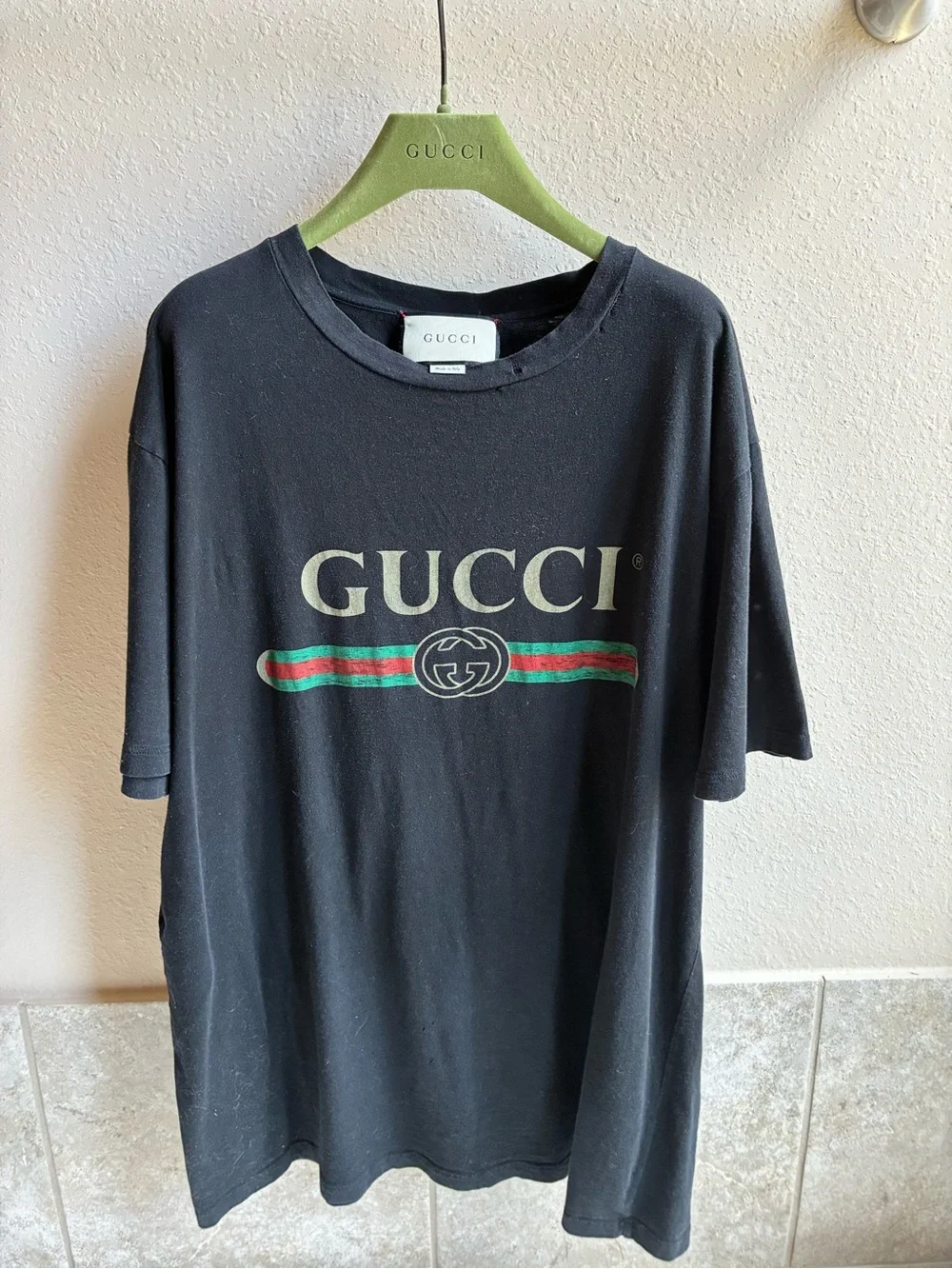 Gucci Black Tee with Green-Red Signature Stripe