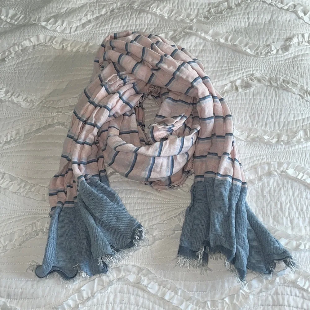 Light Pink & Blue Striped Fringe Scarf