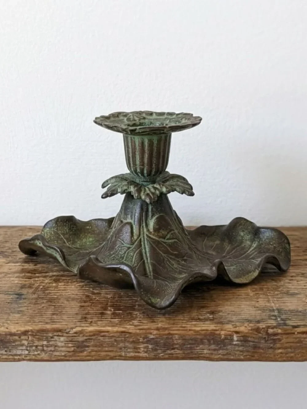 Vintage Cast Brass Taper Candle Holder Floral Leaf Verdigris Green Bronze Dish