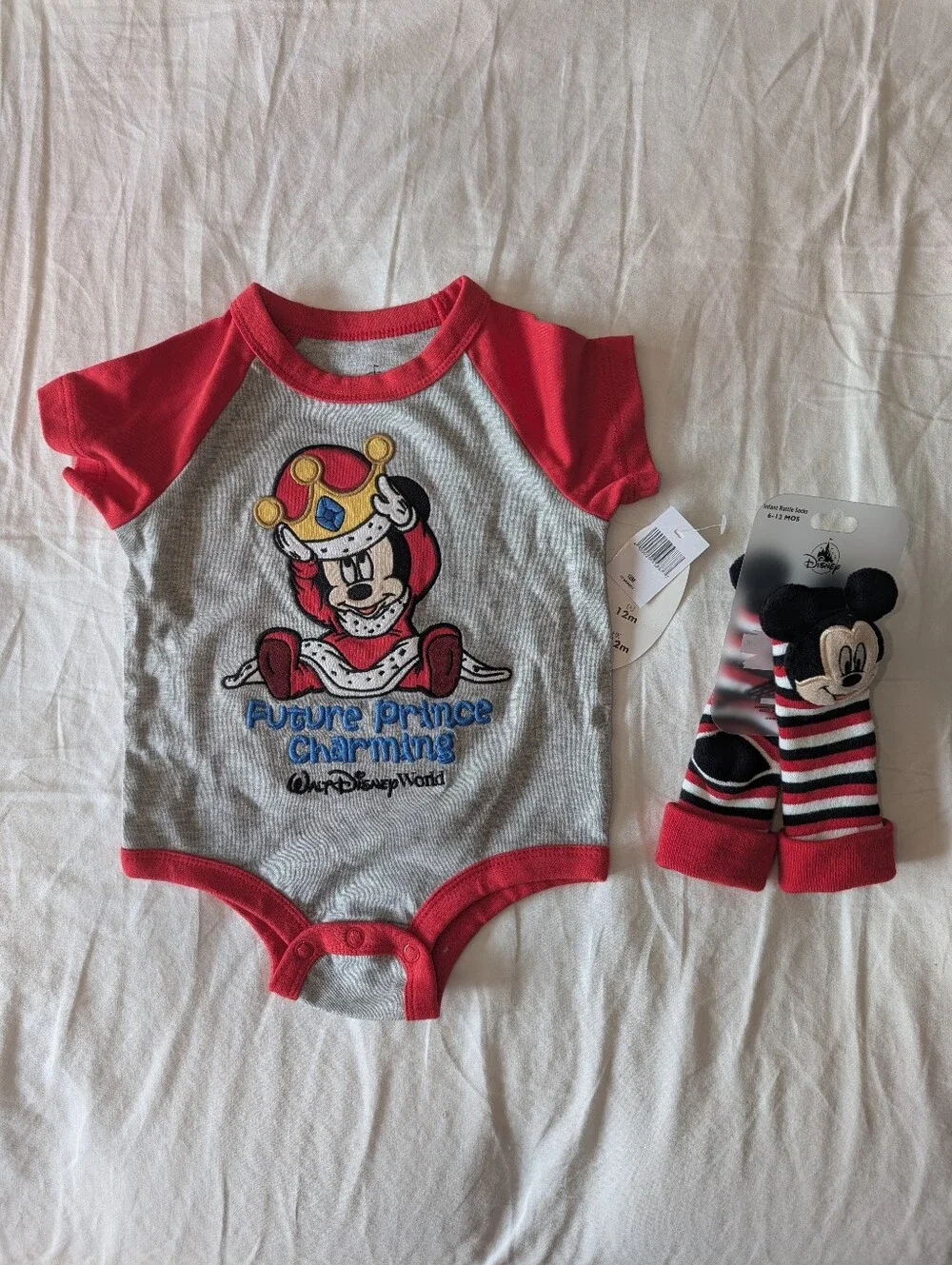 4/$16 ❇️ Disney Mickey Future Prince Charming Onesie And Rattle Socks